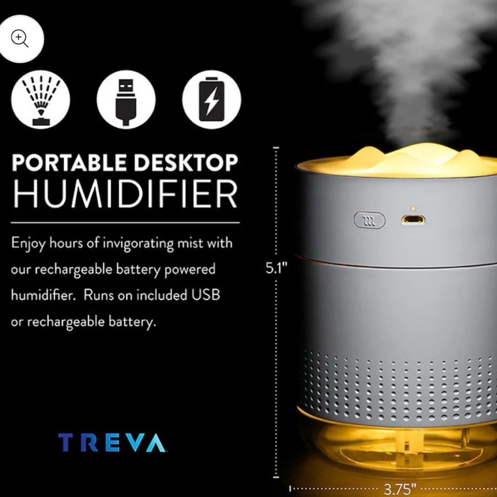 Treva Humidifier Night Light Rechargeable Small Mini Tabletop White Open Box New - Picture 3 of 11